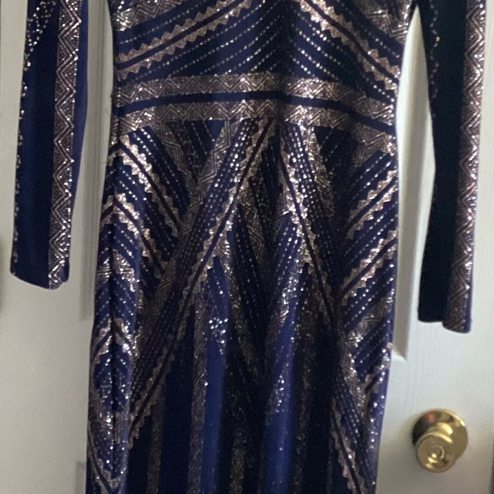 Glamorous Long Sleeve Sequin Dress in Navy and Gold. Clutch bag included